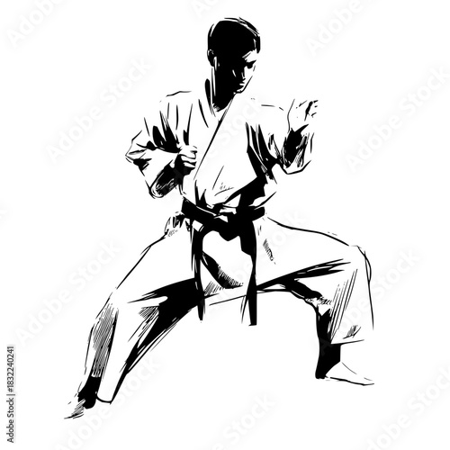 A black and white sketch of a karate practitioner in a fighting stance with a black belt and a gi suit