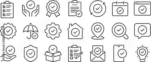 Checklist and approval icons set in modern flat vector illustration, quality control symbols, verification marks, review tasks, productivity elements for businesses
