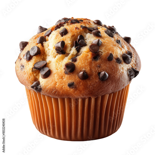 Chocolate Chip Muffin Resting on a Wooden Table in a Cozy Bakery