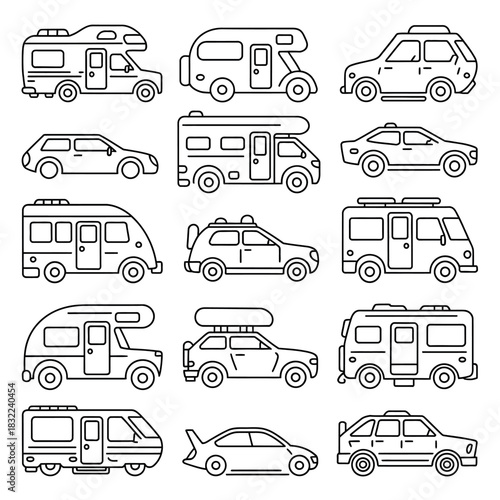 A collection of diverse recreational vehicles and cars are depicted in a line-art style.