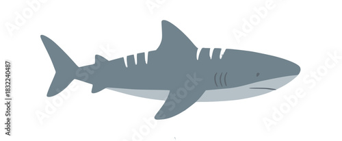 Sleek cartoon shark swimming calmly on a simple white background