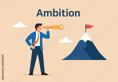 Ambition to aim high and achieve business goal, motivation to success, challenge and determination for victory concept, ambitious businessman look through telescope for mountain peak target
