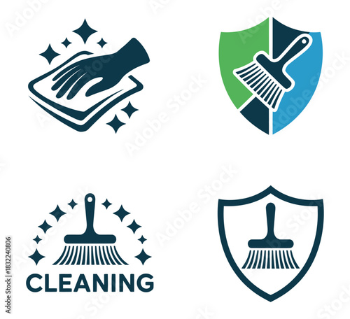 Four cleaning logo designs featuring hand wiping and brush icons with stars shields