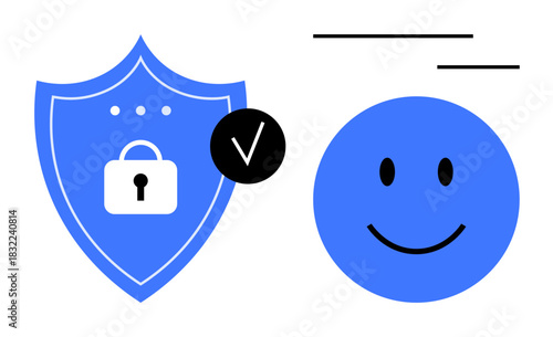 Security concept. Shield with lock icon and smiling face promoting online privacy and data safety. Security ensures protection and reliability. For digital solutions, privacy policies, cybersecurity