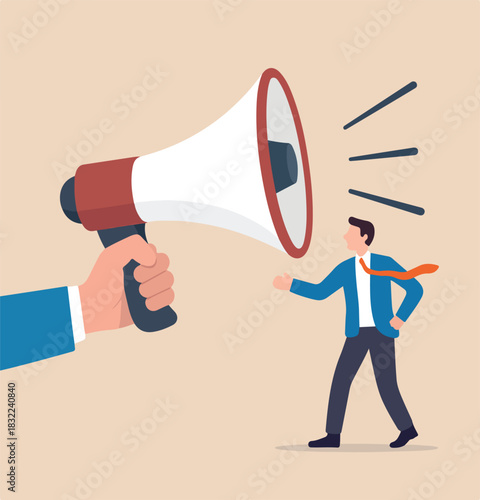 Amplify megaphone, communication voice or advertising message, important announcement loud shouting, broadcast word, message or information concept, businessman shouting on big amplifier megaphone