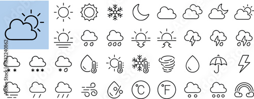 Weather forecast icons set in clean flat vector illustration, climate symbols, temperature indicators, cloud patterns, rain, snow, wind, storm elements for meteorology