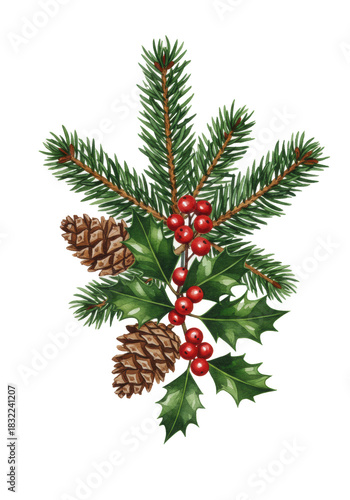 Detailed watercolor botanical flat lay of crimson holly berries and emerald fir branches intertwined with pine cones on white paper, visible texture, evoking traditional holiday elegance and purity