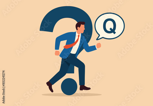 Answer business question, determination or sill and decision to solve problem, FAQ frequently asked questions concept, determination businessman comes out from question mark sign to answer question