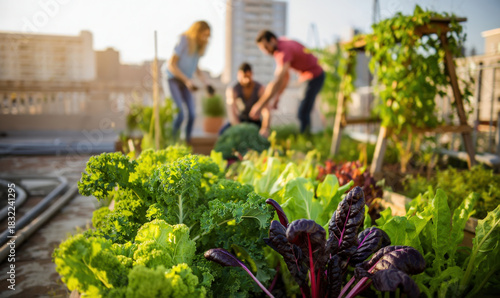 Sustainable urban living concept with a group of people gardening on a rooftop city farm. Roof garden with lush green rows of thriving vegetables growing in raised beds. Eco friendly persons community