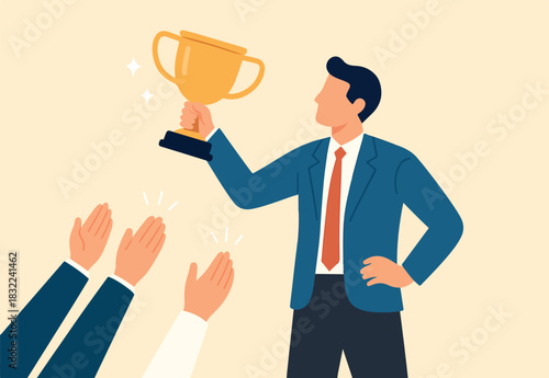Appreciation or admiration for outstanding employee, great job or well done work respect, praise or applauding gratitude feedback, businessman hold success trophy with appreciation respect feedback