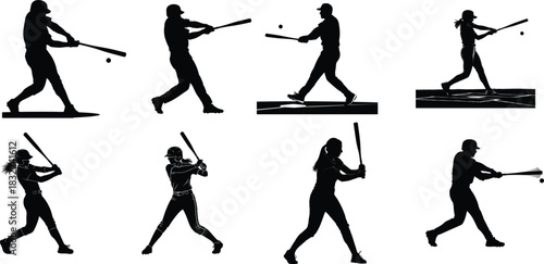 Baseball player silhouettes in various batting stances and swing motions