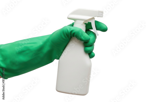 Wallpaper Mural Hand wearing green rubber glove holding a white spray bottle for cleaning or disinfection isolated on transparent background Torontodigital.ca