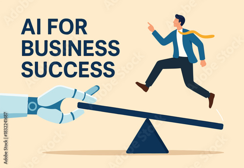 Artificial intelligence to support and help business success, AI automation tech, innovation boost employee development, assistant for improvement concept, robot hand help businessman jump on seesaw