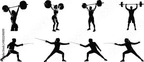 Silhouette set of weightlifters and fencers in various poses