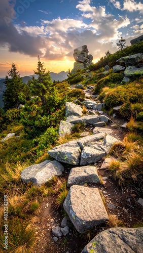 Mountain Trail at Sunset - A Rocky Path to the Summit.