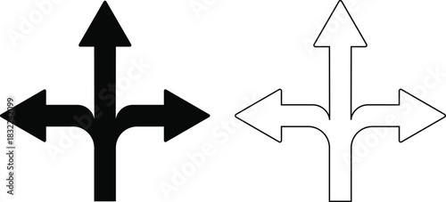 Black and white icons of three-way directional arrows