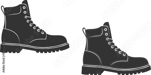 Two Black Work Boots on White Background footwear shoes