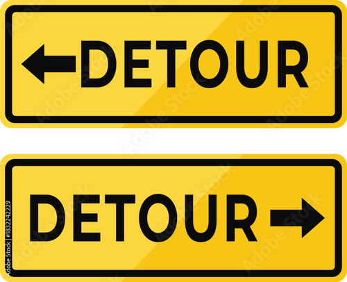 Two yellow detour signs with black text and arrows