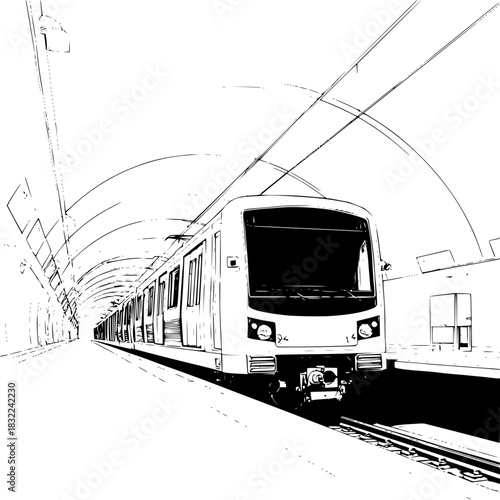 A monochrome illustration of a train positioned at a station within an arched tunnel structure