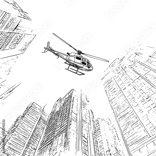 Helicopter flying between skyscrapers with a perspective view from below in a black and white drawing