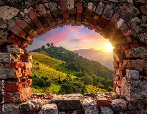 Mountain View Through Brick Archway at Sunset.