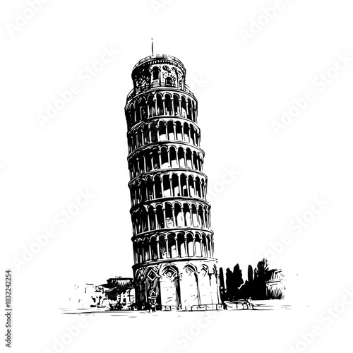 Illustration of the leaning tower of pisa with detailed architectural elements in black and white style