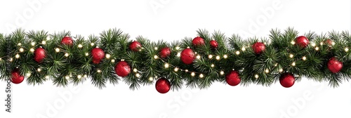 Christmas garland with red ornaments isolated on white background