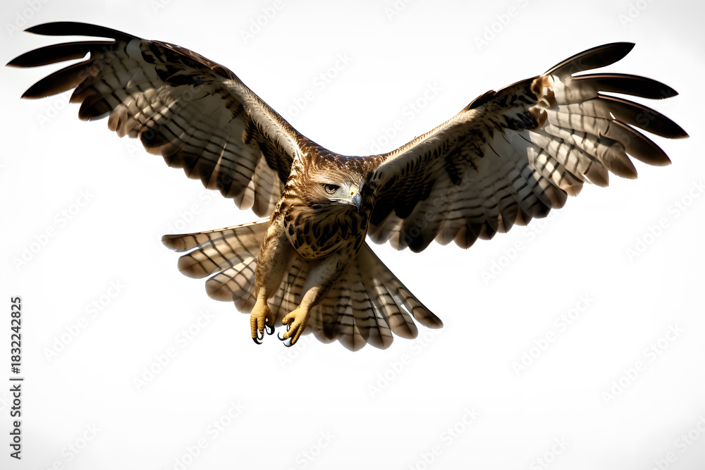 Fototapeta premium Majestic bird of prey soaring with wings spread wide against a white background