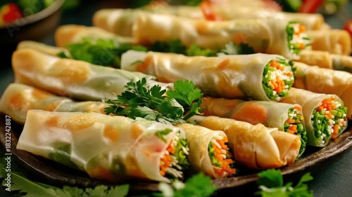 Freshly made, vegetarian spring rolls served on a platter, ready to be enjoyed. A popular Vietnamese appetizer, these are crispy outside and filled with colorful, healthy ingredients.