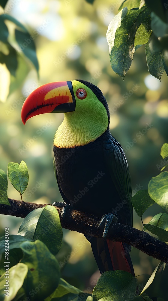 Obraz premium Toucan with Red and Yellow Beak Resting on a Tree Branch in a Forest bird tropical bird photo