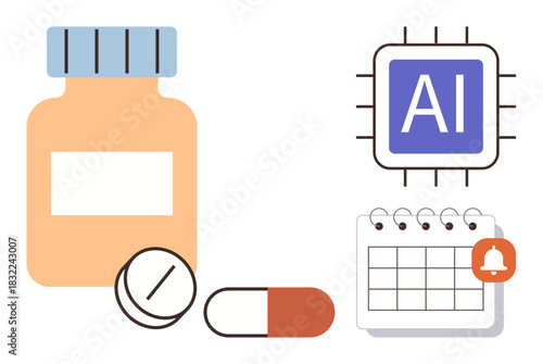 Medicine bottle, pills, AI chip, and notification calendar highlight smart healthcare, medication tracking, and AI-driven solutions. Ideal for technology, healthcare, AI application reminders
