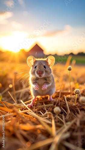 Mouse Standing in a Field at Sunset, Adorable Rodent.