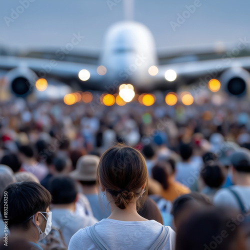 Menschenmenge von Migranten oder Flüchtlingen vor Flugzeug auf Rollfeld