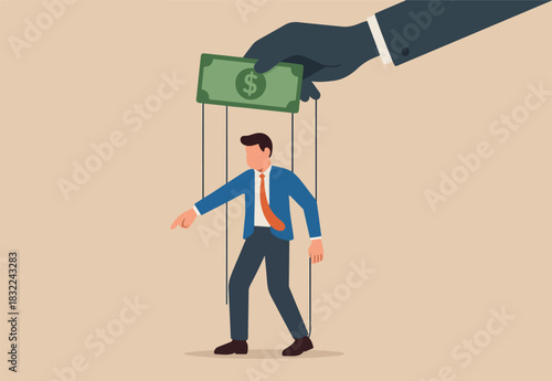 Being controlled by money, capitalism, greedy working environment, slavery, decision manipulation or bribery and corruption concept, pathetic slave businessman puppet doll being controlled by money.