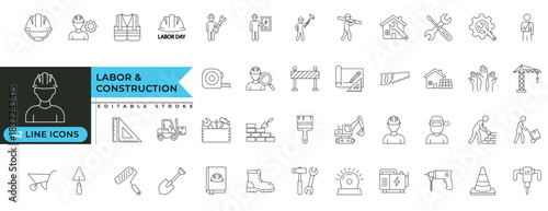 Labor and construction line icon set featuring workers, tools, machinery, safety equipment, engineering symbols, building materials and industrial elements for professional design use