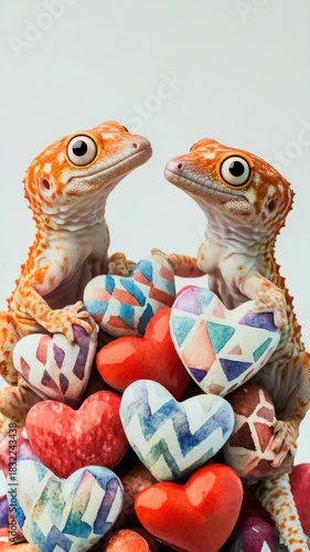 Two mice snuggling in a pile of heart-shaped candy, celebrating love on Valentine's Day or anniversary.