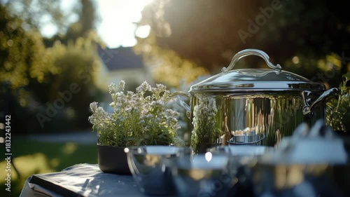 Pans rest on a table near plants, suggesting an outdoor cooking setup for warm weather enjoyment.
