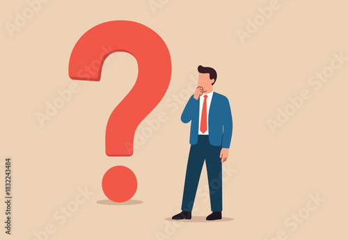 Big question mark or big problem to solve or finding solution, doubt or uncertainty, thinking to make decision, difficult question concept, businessman thinking while looking at big question mark.