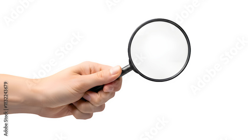 Hand holding magnifying glass for investigation and search isolated on transparent background