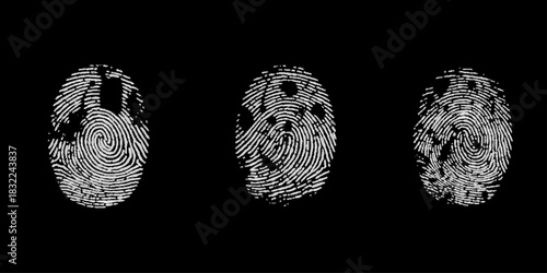 Vector grunge white fingerprint on black background. Detailed fingerprint on grunge background symbolizing identity verification.