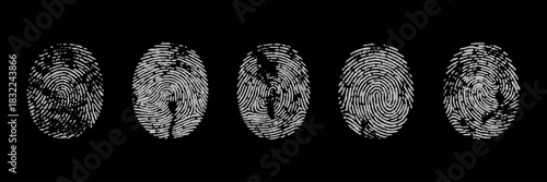 Vector grunge white fingerprint on black background. Detailed fingerprint on grunge background symbolizing identity verification.
