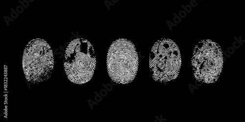 Vector grunge white fingerprint on black background. Detailed fingerprint on grunge background symbolizing identity verification.