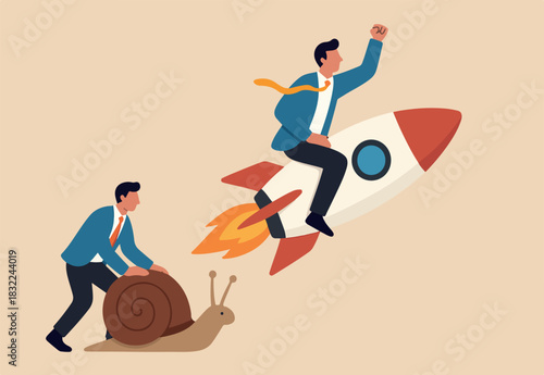 Boost fast speed to win business competition, high performance employee, competitive advantage winner, innovation or skill to success concept, businessman winner riding rocket, another on slow snail.