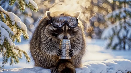 A cute raccoon wearing ski goggles holds a steaming thermos in a snowy winter forest. Funny animal enjoying a hot drink in the cold. Whimsical AI animation concept