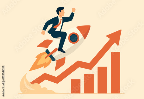 Boost performance, improvement or growth with fast speed progress, self development or marketing and investment, increase efficiency fast concept, businessman riding fast rising speed rocket on graph.