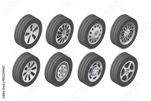 Vector set of rubber tires for cars. Collection of wheels and rims for cars, trucks, and buses. Isometric view. Template isolated on a white background.