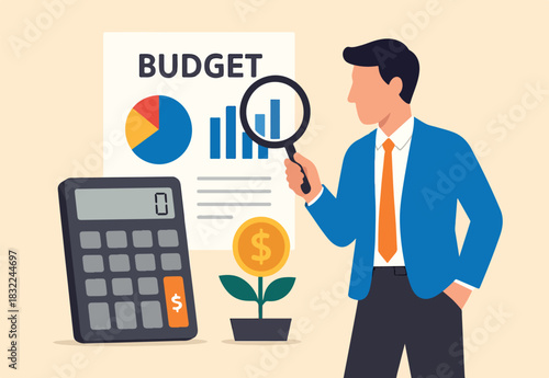 Budget planning or income management, spending and expense report or investment balance sheet, debt calculation and analysis, businessman with magnifier planning budget with calculator and chart.