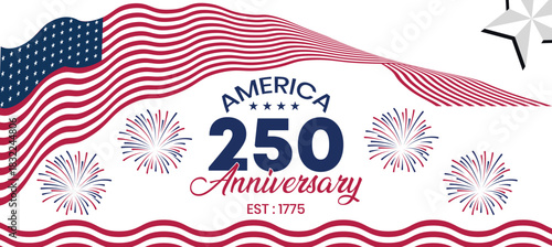 USA 250 Anniversary Wave Lines Banner – Creative Red White Blue Flag Flow Design with Fireworks, Patriotic Modern 2026 Event Template