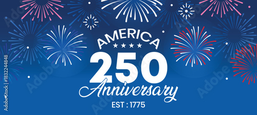 USA 250th Anniversary Fireworks Banner – Dark Blue Night Theme, Patriotic Celebration Template with Stars & Flag for 2026 Event