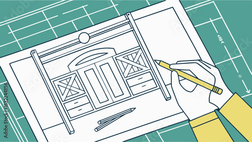 “Carpenter blueprint drawing — hands sketching furniture design — technical vector illustration.”
